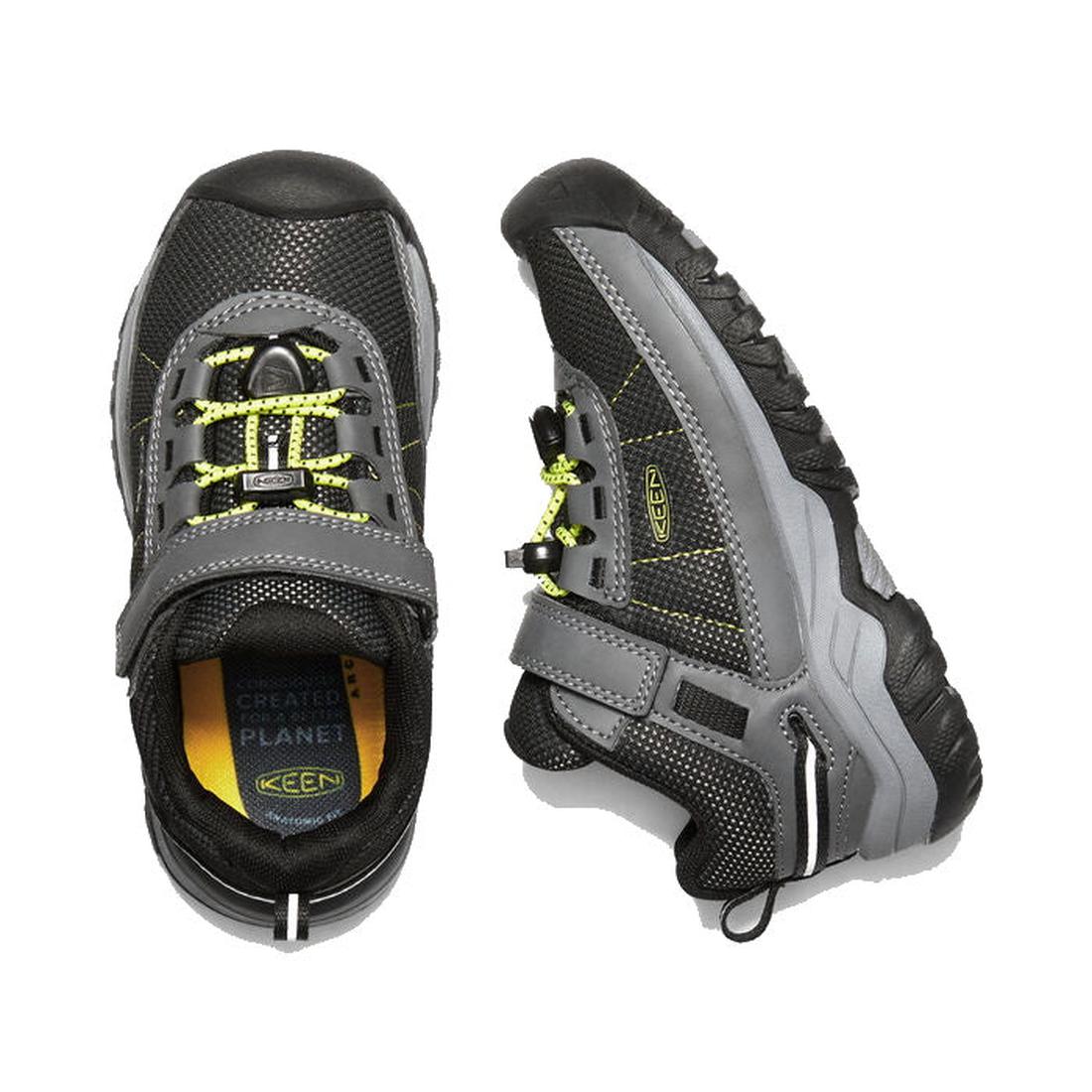 Keen Kids Targhee Sport Grey Toe Buffer hiking sneakers in black and gray with yellow touches, sturdy soles, and easy Velcro straps.  ksnz