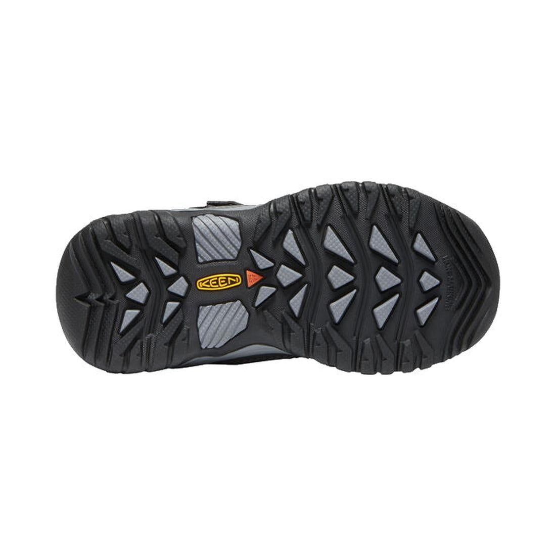 Keen Kids Targhee Sport Grey Toe Buffer sneaker with a sturdy black sole, easy-grip tread, and bright yellow KEEN logo at the center.  ksnz