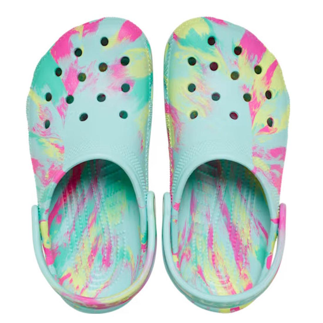 The Crocs Kids - Marbled Clog Sandal Aqua Pink Youths features a vibrant marbled design in aqua and pink, ventilation holes on top, and adjustable heel straps., 198445271489, 198445271496, 198445271502, 198445271519, 198445271526, 198445271533, 1984452715
