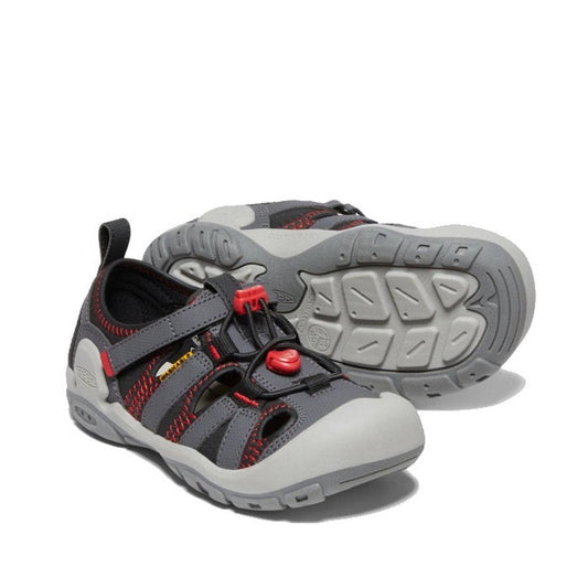 Keen Kids Knotch Creek Magnet Red Carpet Sandals in gray, black, and red with easy elastic laces and sturdy soles—perfect for play.  ksnz