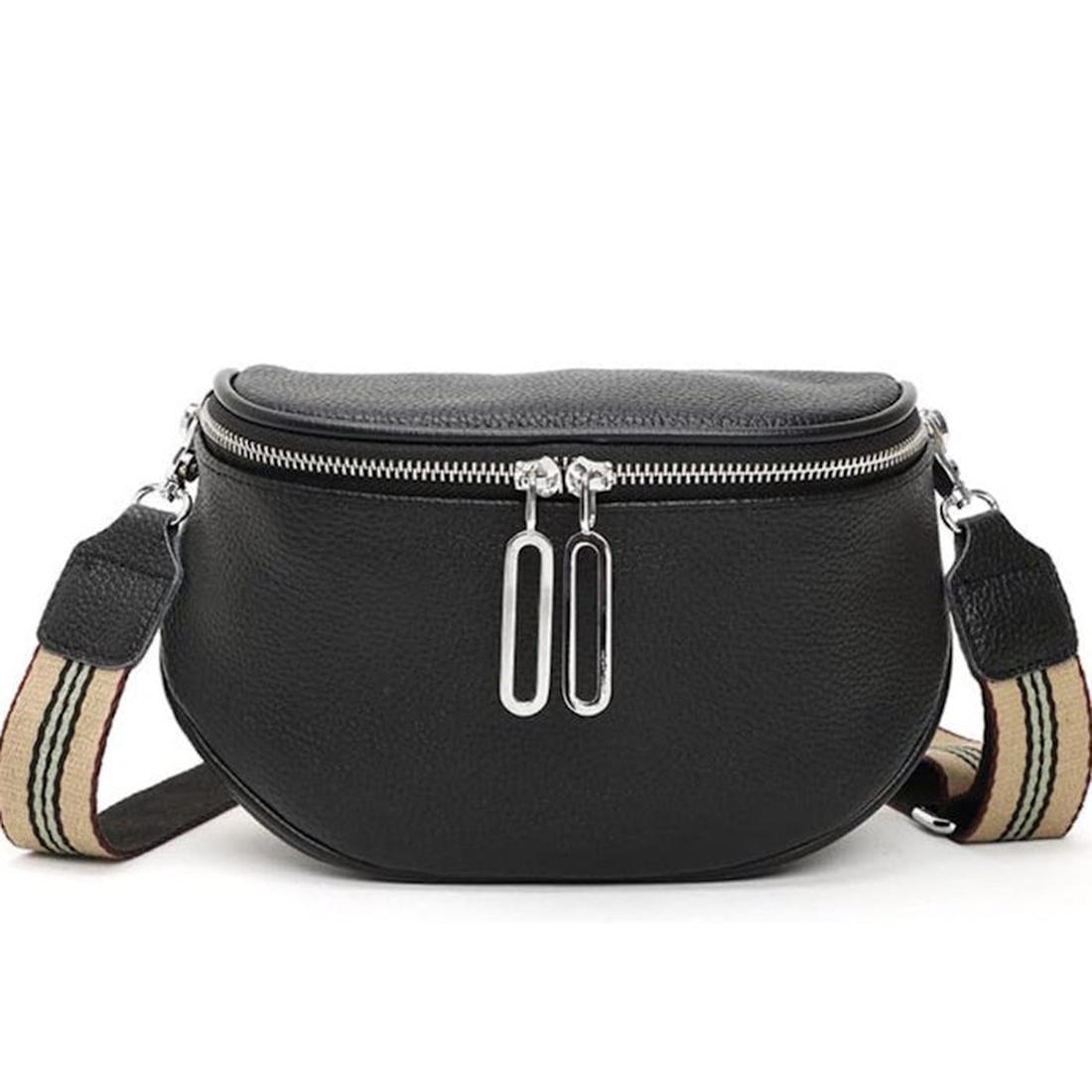 Black Sassy Duck Lilly crossbody bag with a strap featuring beige and brown pattern on a white background