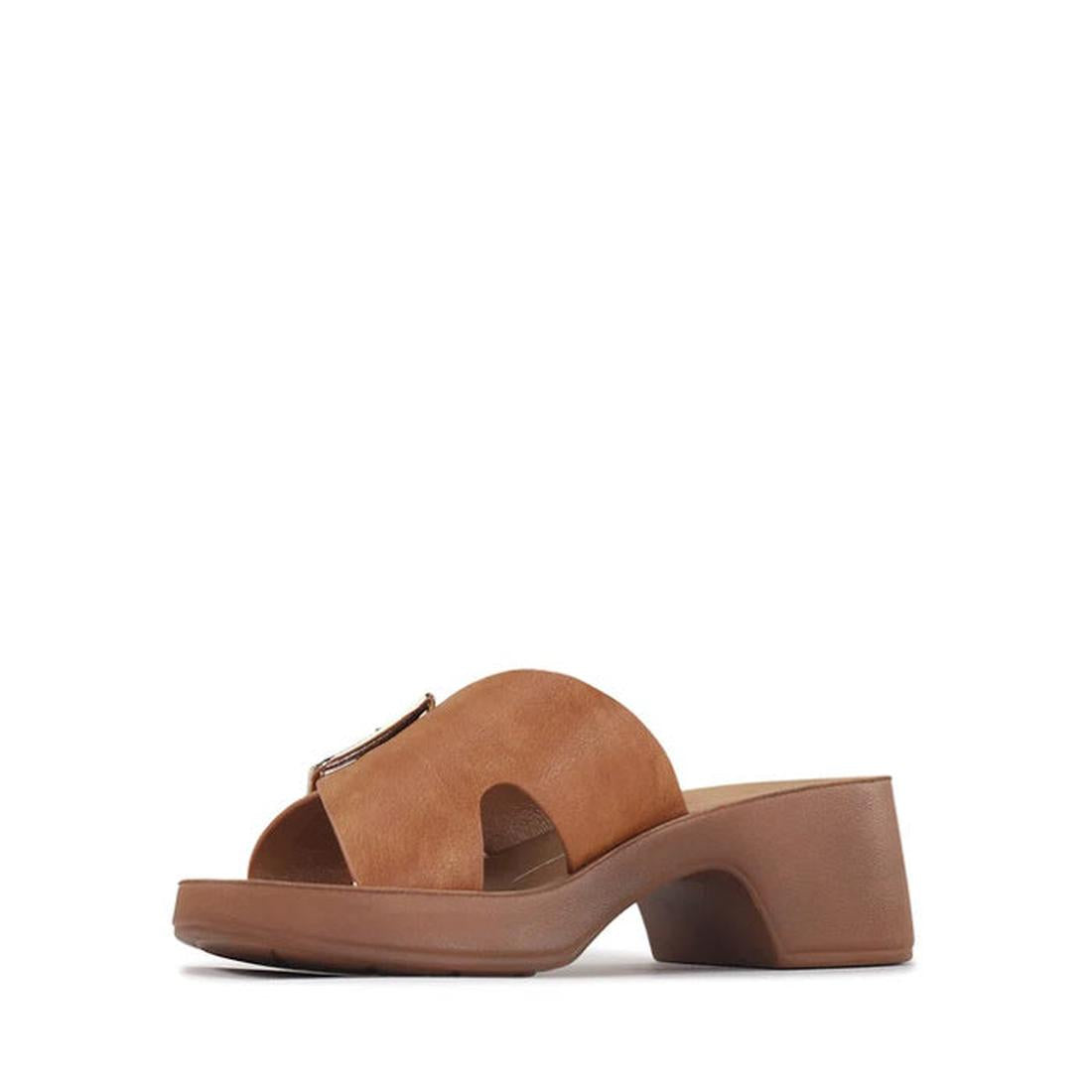 The Los Cabos Alegro Brandy Wedge Platform Women's Slide Sandal features a brown, open-toe slip-on design with a wide leather strap, metallic detail, and a chunky mid-height block heel, shown against a plain white background., 9321191292380, 9321191292397