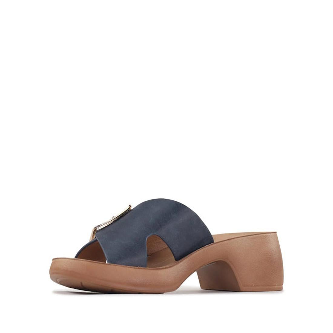 The Los Cabos Alegro Navy Wedge Platform Women's Sandals Slides feature a minimalist navy blue design with a thick strap, open toe, low brown block heel, and brown sole, shown against a plain white background., 9321191292526, 9321191292533, 9321191292540,