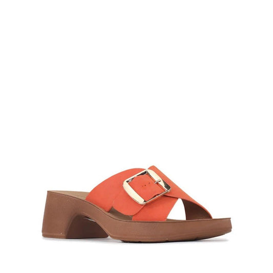 The Los Cabos Alegro Tangerine Wedge Platform Sandal features a wide orange front strap, large gold buckle, brown sole, open toe, low block wedge heel, and adjustable strap for comfort.