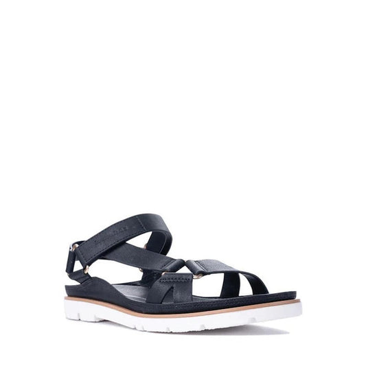The Los Cabos Ashanti Black Sandal With Back Strap has comfy black vegan leather, a sturdy white sole, and easy adjustable ankle strap.  ksnz