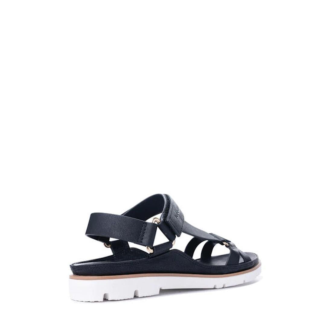 The Los Cabos Ashanti Black Sandal With Back Strap features vegan leather straps, a cushioned footbed, white chunky sole, and brown midsole. Shown from the back and slightly to the side on a plain white background., 9321191293912, 9321191293929, 932119129