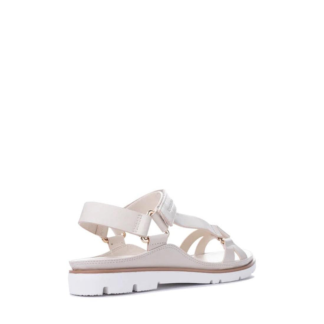 The Los Cabos Ashanti Bone Women’s Sandal with back strap is shown at a slight back angle, featuring a thick sole, cushioned footbed, ankle strap, crisscross front straps, and gold hardware on vegan leather for a sporty-casual look., 9321191293981, 932119