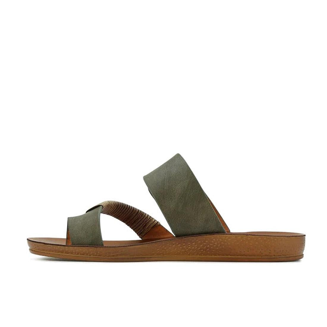 The Los Cabos Bria Khaki Light Flexible Sandal Jandal is a single olive green women’s sandal with two wide straps and a brown flat sole, perfect for summer, shown on a plain white background., 49643, 49644, 9321191053455, 9321191053462, 9321191053479, 496
