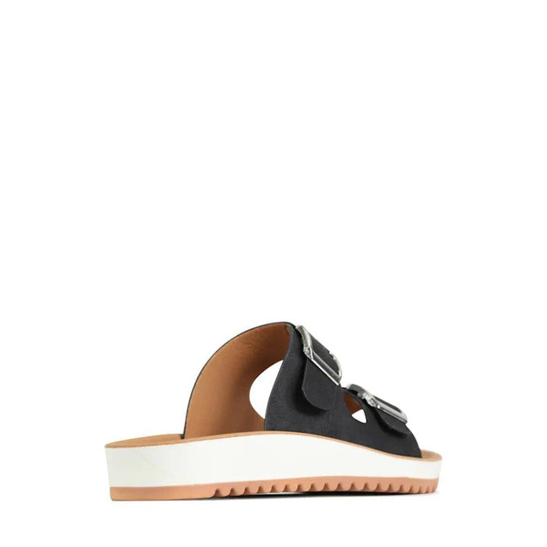 The Los Cabos Naara Black Adjustable Summer Womens Slide Sandal features vegan leather, two silver buckles, arch support, an open toe, and a thick white sole with a light brown edge, shown on a plain white background., 46997, 9321191158730, 9321191158747,