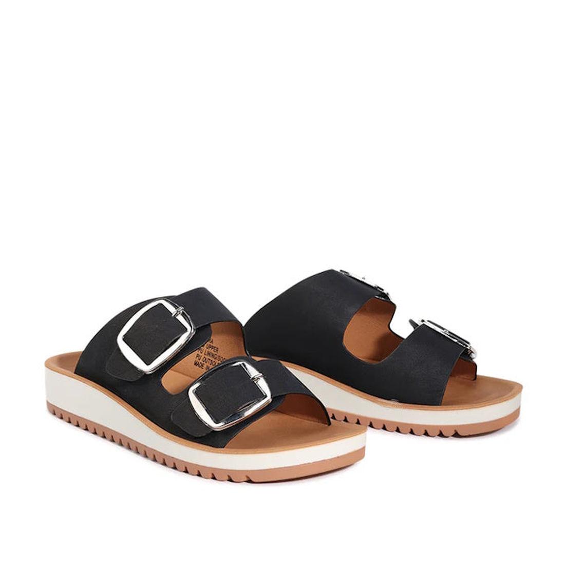 The Los Cabos Naara Black Adjustable Summer Womens Slide Sandal features vegan leather, two wide straps with silver buckles, thick white soles with light brown trim, arch support, and ridged bottoms for comfort., 46997, 9321191158730, 9321191158747, 93211