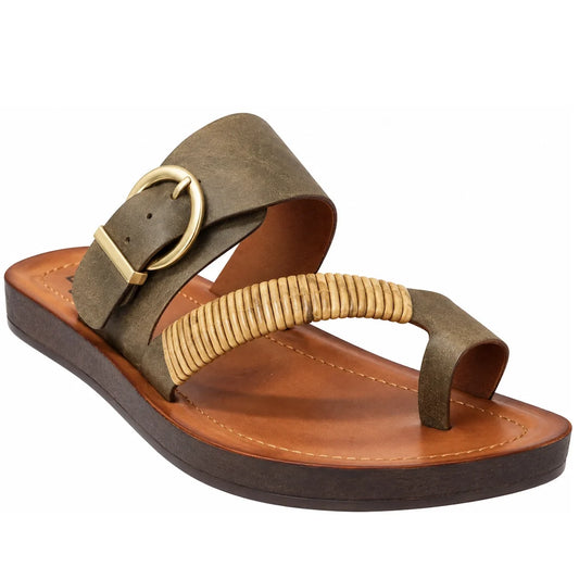 A khaki Los Cabos Bria WIDE sandal features a light, flexible design with a thick strap and gold buckle, as well as a woven band across the top and a toe loop. Designed for comfort, it provides arch support with its anatomical footbed, and the brown sole 