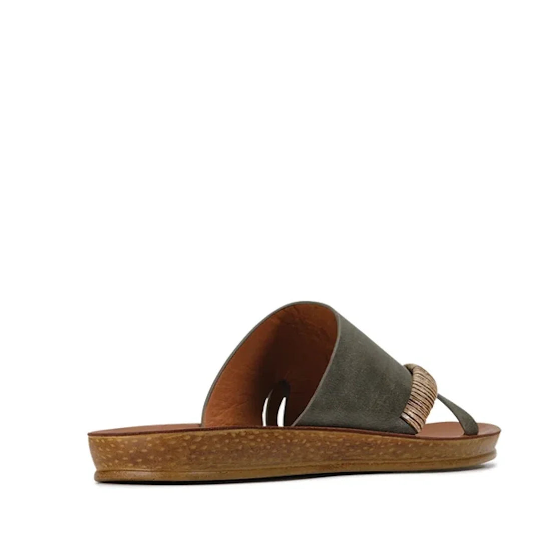 The Los Cabos Womens Bride Khaki Flat Slide Sandal features a wide olive green strap with decorative stitching and a brown, textured flat sole. Perfect as chic resort wear or stylish summer slides, this sandal is displayed at a slight angle against a whit