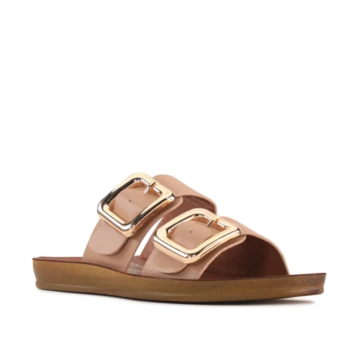 Introducing the Los Cabos Womens Dina Pecan Beige Light Flexible Two Strap Slide Sandal, featuring two wide leather straps with statement gold buckles and a flat brown sole crafted with an anatomical footbed for superior comfort.