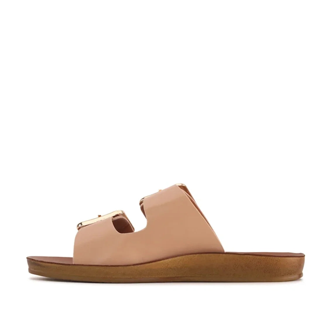 The Los Cabos Womens Dina Pecan Beige Light Flexible Two Strap Slide Sandal features two wide beige straps with gold accents and a brown cushioned sole with an anatomical footbed for enhanced comfort and arch support, shown in profile view on a white back
