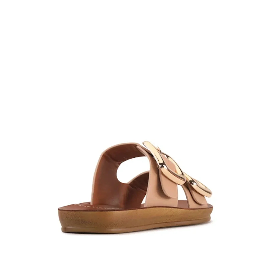 The Los Cabos Womens Dina Pecan Beige Slide Sandal features two wide straps with decorative gold buckles and a brown cushioned sole with an anatomical footbed and enhanced arch support, shown from a rear side angle against a white background.