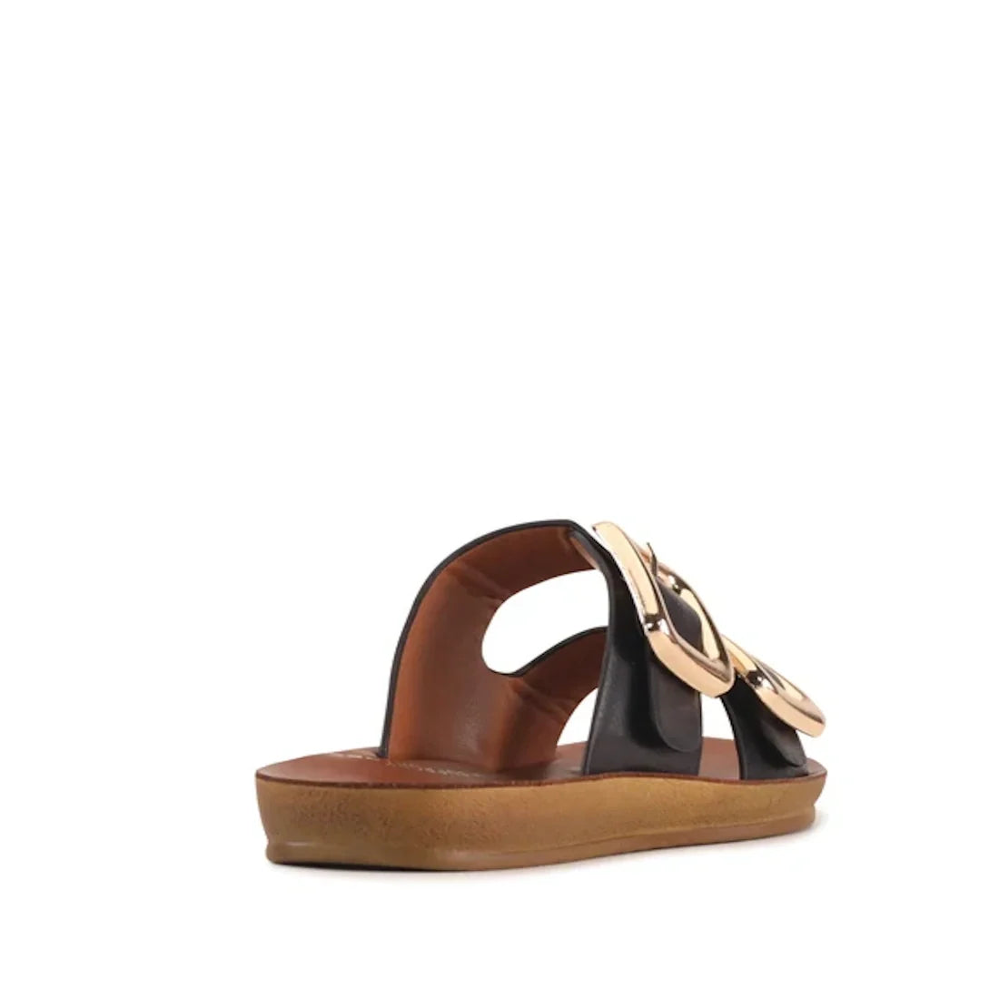 The Los Cabos Women’s Dina Black Light Flexible Two Strap Slide Sandal features black straps with large gold decorative buckles, a tan sole, and an anatomical footbed for enhanced comfort, shown from the back and side against a white background.