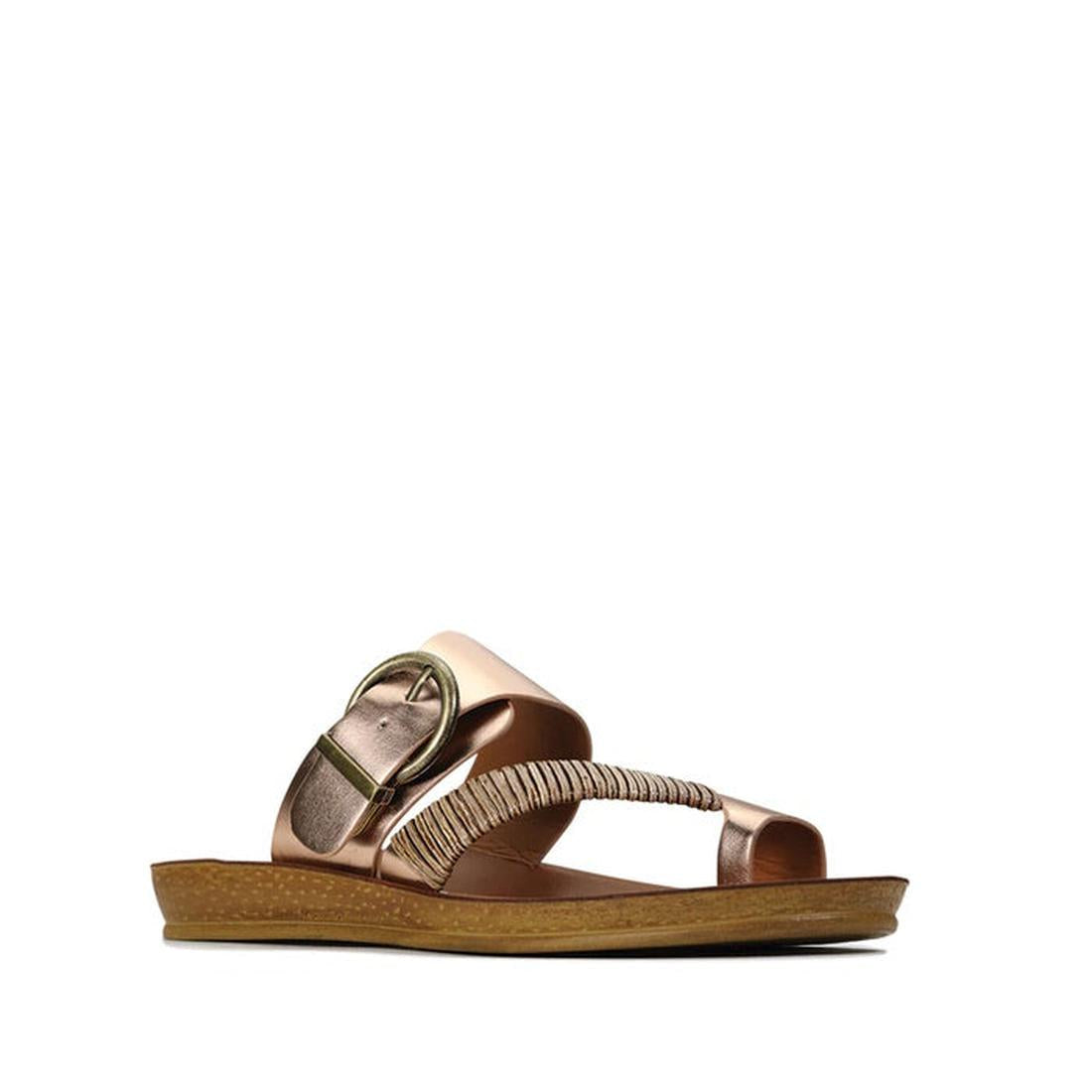 Los Cabos Bria Rose Gold Light Flexible Sandal Jandal- showing side view of the right foot of the comfy flexible synthetic sandals slides for women