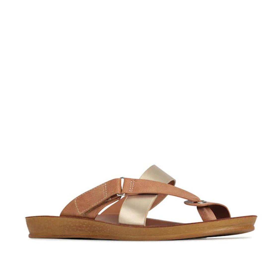 Los Cabos Bry Brandy Tan & Gold Flat Sandal Flip Flop Style- showing side view of the right foot of the comfy flexible synthetic sandals slides for women