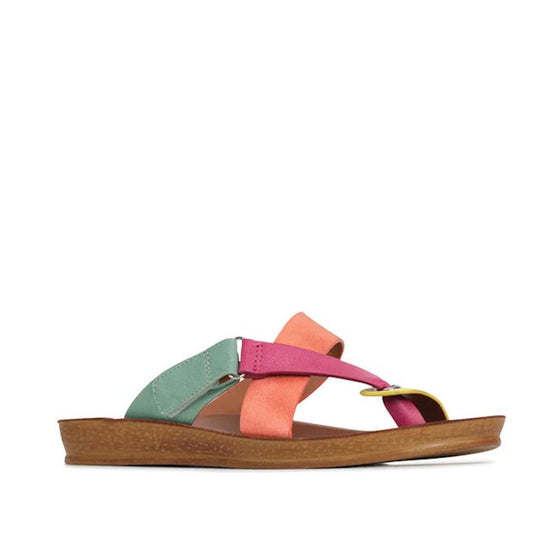 Los Cabos Bry Pink, Yellow, Orange, Green Flat Sandal Flip Flop Style- showing side view of the right foot of the comfy flexible synthetic sandals slides for women
