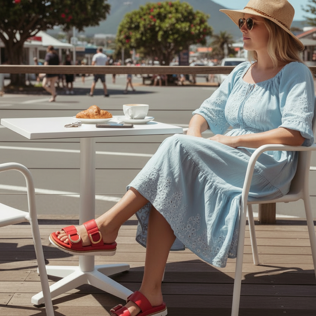 A pair of red synthetic slide sandals with wide double straps, large gold-tone metal D-rings, and white soles, shown on a plain white background., 54029, 9321190075564, 9321190075571, 9321190075588, 9321190075595, 9321190075601, 9321190075618