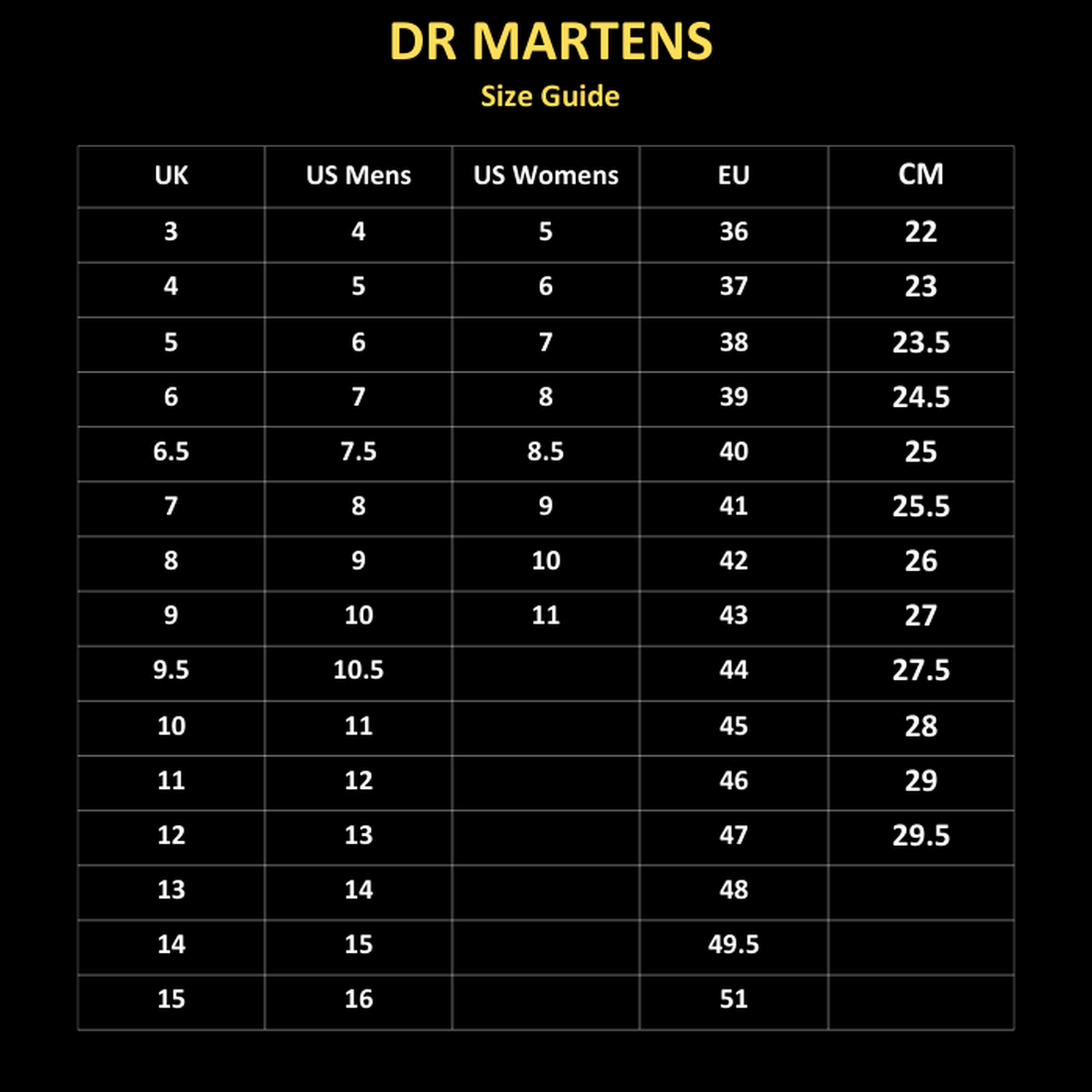Dr. Martens Chesney Hardware Flare Heeled Boot Black size guide: black table with yellow and white text showing UK (3–15), US Mens, US Womens, EU, and CM sizes for Goodyear Welted styles like the Chesney boot., 49579, 190665797701, 190665797718, 190665797