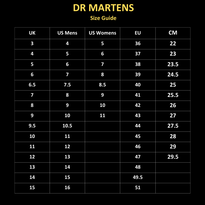 Dr. Martens 1461 Cherry Red Oxford 3 Eye Shoes size guide shows a chart for families, with comfy soles and lace-up closure details.  ksnz, 800090826524, 800090798456, 800090798470, 800090798487, 800090798494, 800090798517, 800090798524