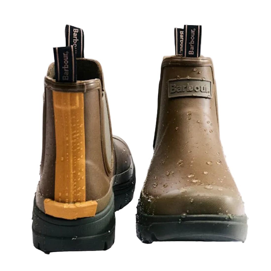 Two Barbour Nimbus Olive/Ochre Chelsea Wellingtons Mens Rainboots are shown wet from back and front angles. These waterproof ankle boots feature black branded pull tabs and yellow ochre accents on the heel., 5063669168813, 5063669168820, 5063669168769, 50