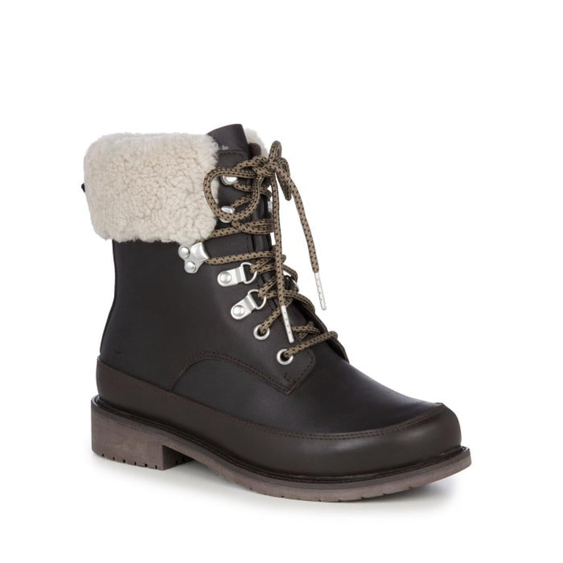 EMU NZ Girls Okab Brown Leather Waterproof Boots, up to size 5, with cozy cream faux fur cuff, light laces, and sturdy sole.  ksnz