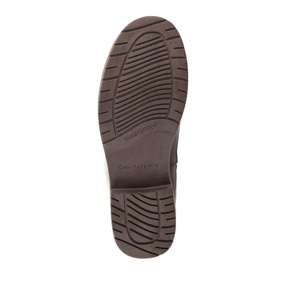 EMU Girls Okab Brown Leather Waterproof Boot—brown rubber sole, textured grip, easy slip-on closure; sturdy kids' boots for play.  ksnz