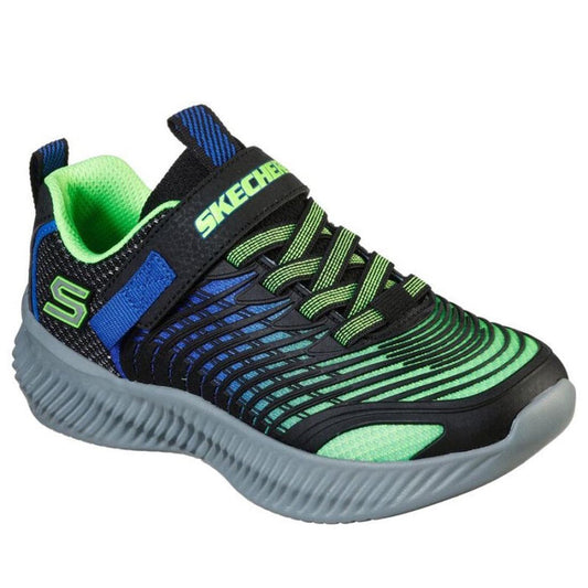 Skechers Boys Optico Lime Blue Trainer: black slip-on sneaker with bright green and blue details, comfy gray sole, easy blue velcro strap.  ksnz