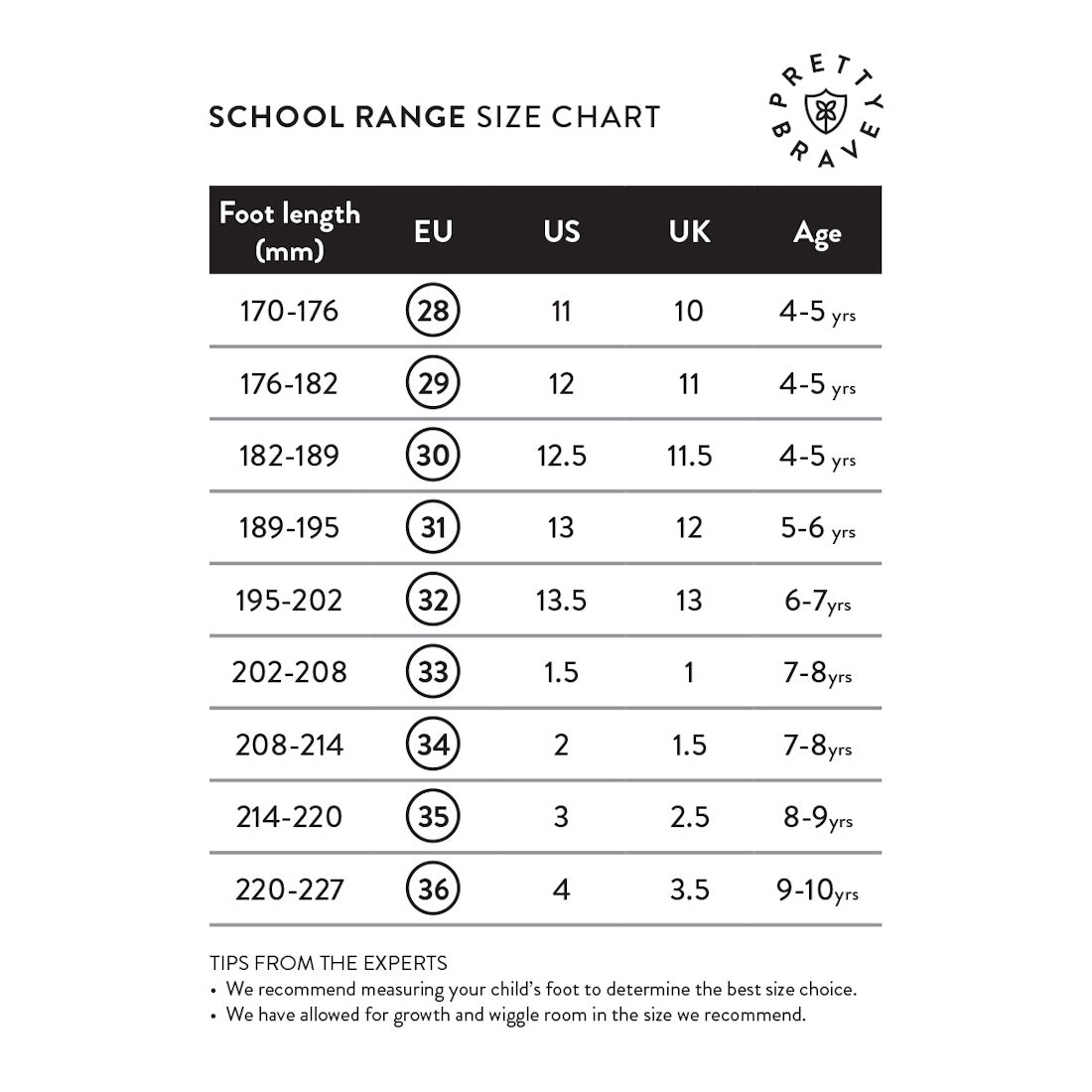 The Pretty Brave Phoebe Girls Black Leather School Sandal size chart lists foot length (mm), EU, US, and UK sizes, ages 4–10 years, plus measuring tips—ideal for finding the right fit for these girls’ school sandals., 49537, 49538, 9420075365506, 94200753