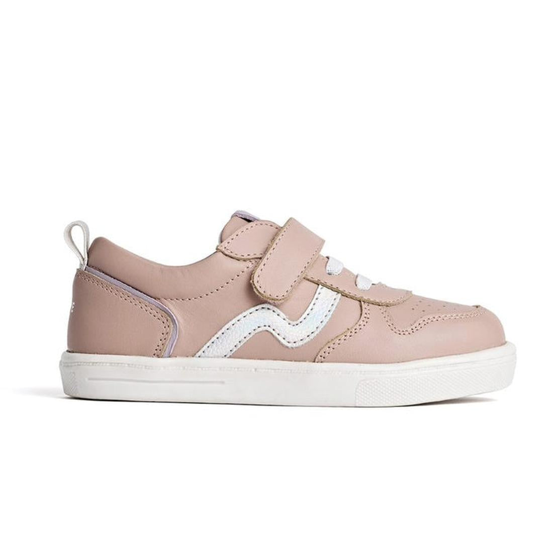 The Pretty Brave XO Trainer Blush is a blush pink kids' genuine leather sneaker with a white sole, zigzag side detail, white laces, Velcro strap, and a heel pull tab for easy on and off., 28764, 9420075304024, 9420075304031, 9420075304048, 9420075304055, 