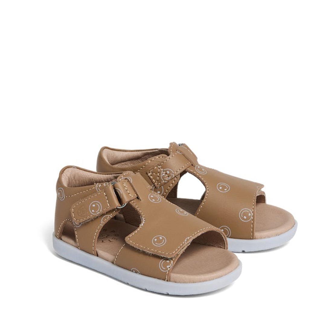 Pretty Brave Pretty Braver Bailey First Walker Sandal in tan, for little ones, features cheerful smiles, comfy soles, and easy straps.  ksnz
