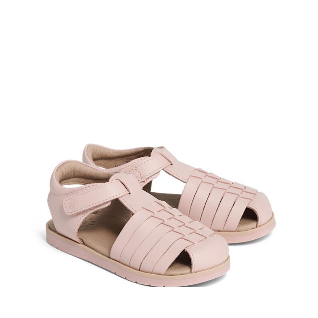 The Pretty Brave Frankie Closed Toe Leather Sandal in Soft Pink features soft woven straps, comfy sole, and easy hook-and-loop closure.  ksnz