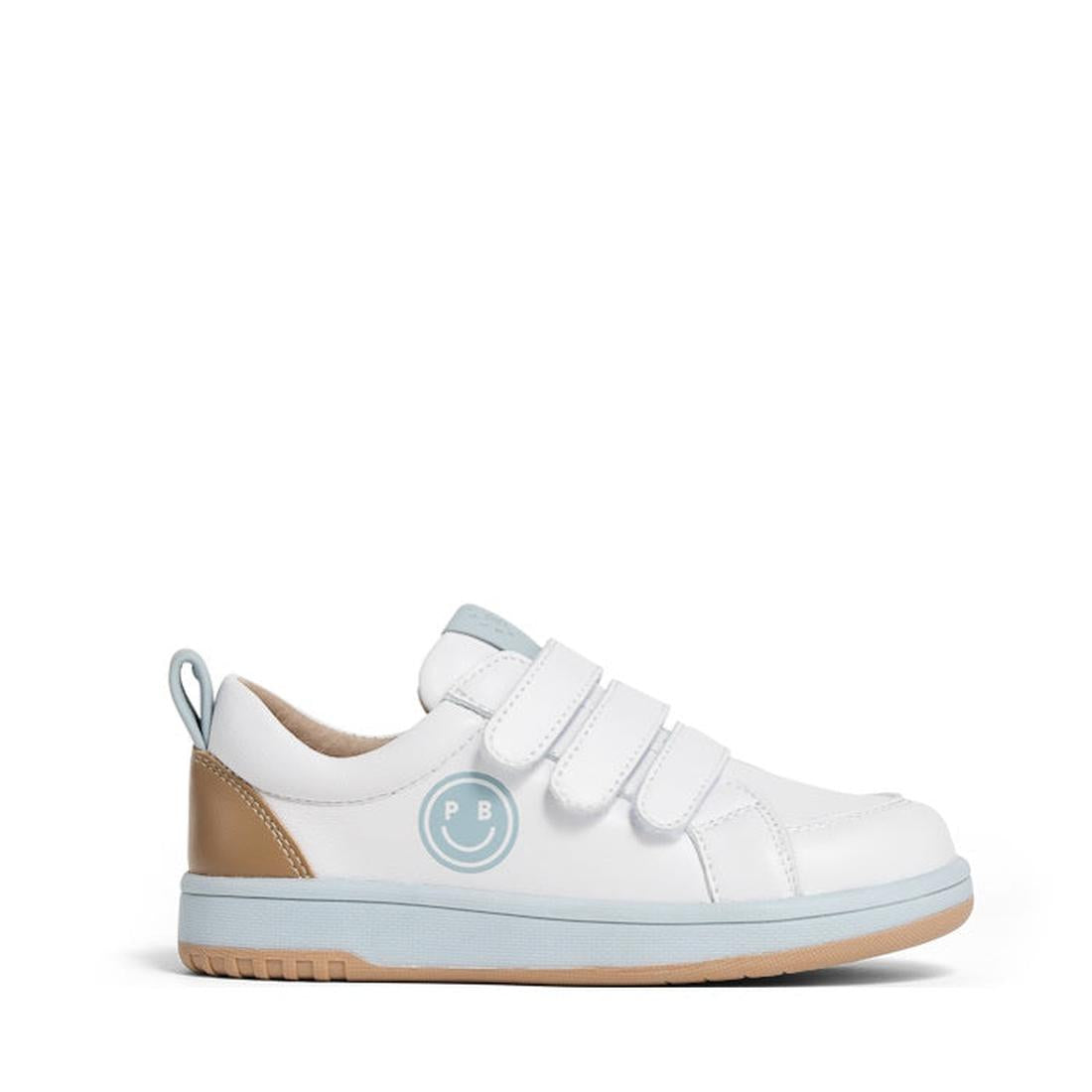 The Pretty Brave Happy Trainer White/Blue Sneaker is a kids’ shoe featuring a genuine leather upper, light blue and tan accents, triple Velcro straps, a tan heel, blue sole, and a blue PB smiley face logo on the side., 40204, 9420075335806, 9420075335790,
