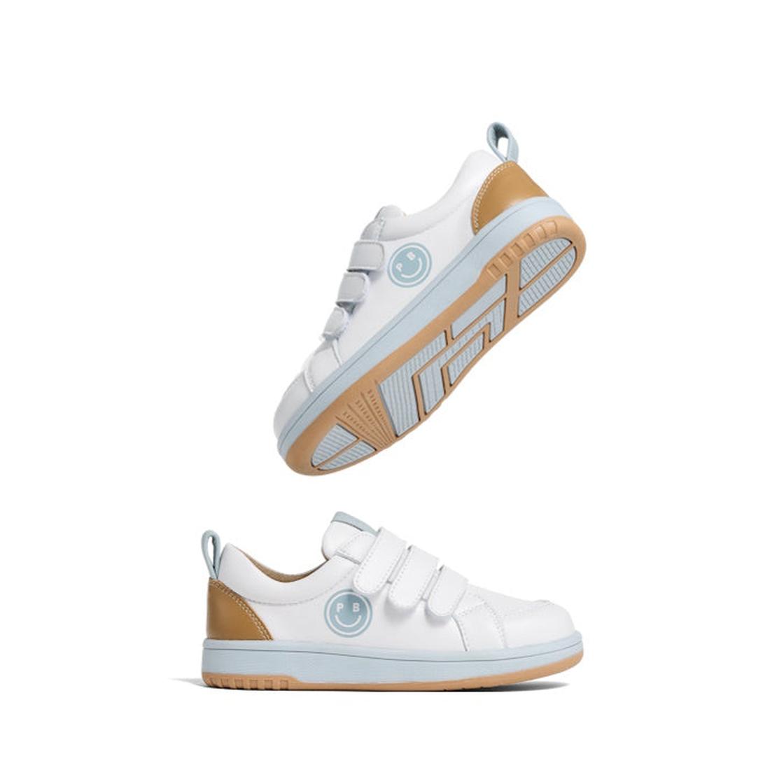 Two Pretty Brave Happy Trainer White/Blue Sneakers for kids with light brown soles, heel accents, light blue smiley face logos on the side, and triple Velcro straps are displayed on a white background., 40204, 9420075335806, 9420075335790, 9420075335783, 
