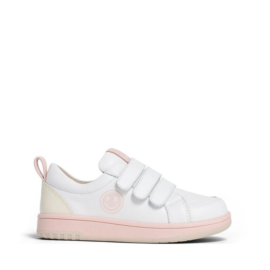 The Pretty Brave Happy Trainer White/Blush Sneaker is a kids' leather shoe in white with pink accents, three Velcro straps, beige heel, pink smiley face logo, a light pink sole, and a heel pull tab for fun and practical wear., 40192, 9420075335905, 942007