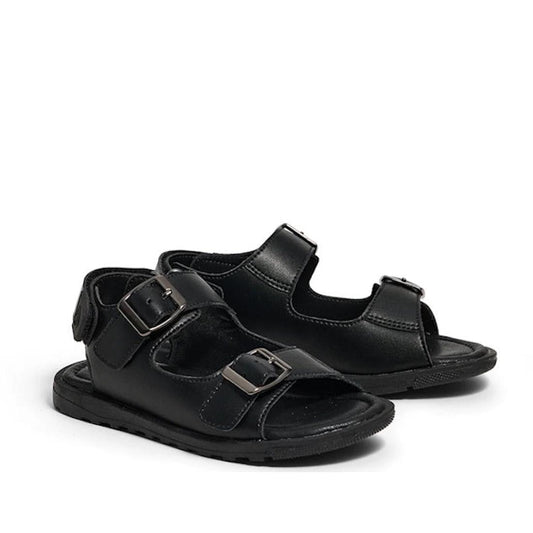 A pair of Pretty Brave Milo Black Leather School Sandal Open Toe unisex sandals, featuring two buckle straps on each sandal, made from genuine leather and shown against a plain white background.
