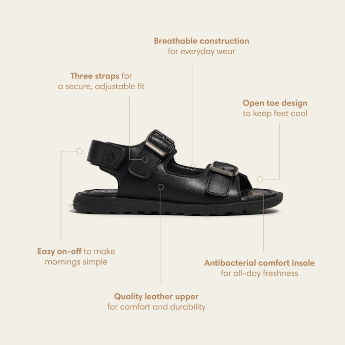 Pretty  Brave Milo Black Leather School Sandal Open Toe