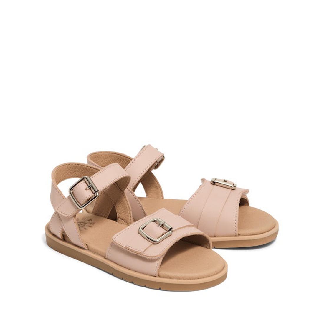 The Pretty Brave Child Piper Soft Pink Leather Open Toe Sandal features adjustable Velcro straps with silver buckles and a cushioned tan leather footbed, perfect for children this summer.