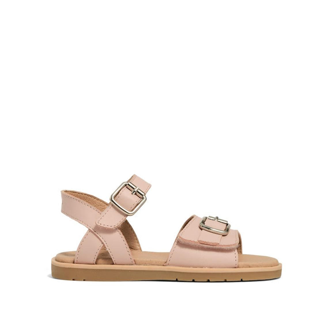 The Pretty Brave Child Piper Soft Pink Leather Open Toe Sandal features a light pink leather upper, two adjustable Velcro straps with silver buckles, a comfy leather footbed, and a flat tan sole—perfect for summer., 47173, 9420075357938, 9420075357921, 94