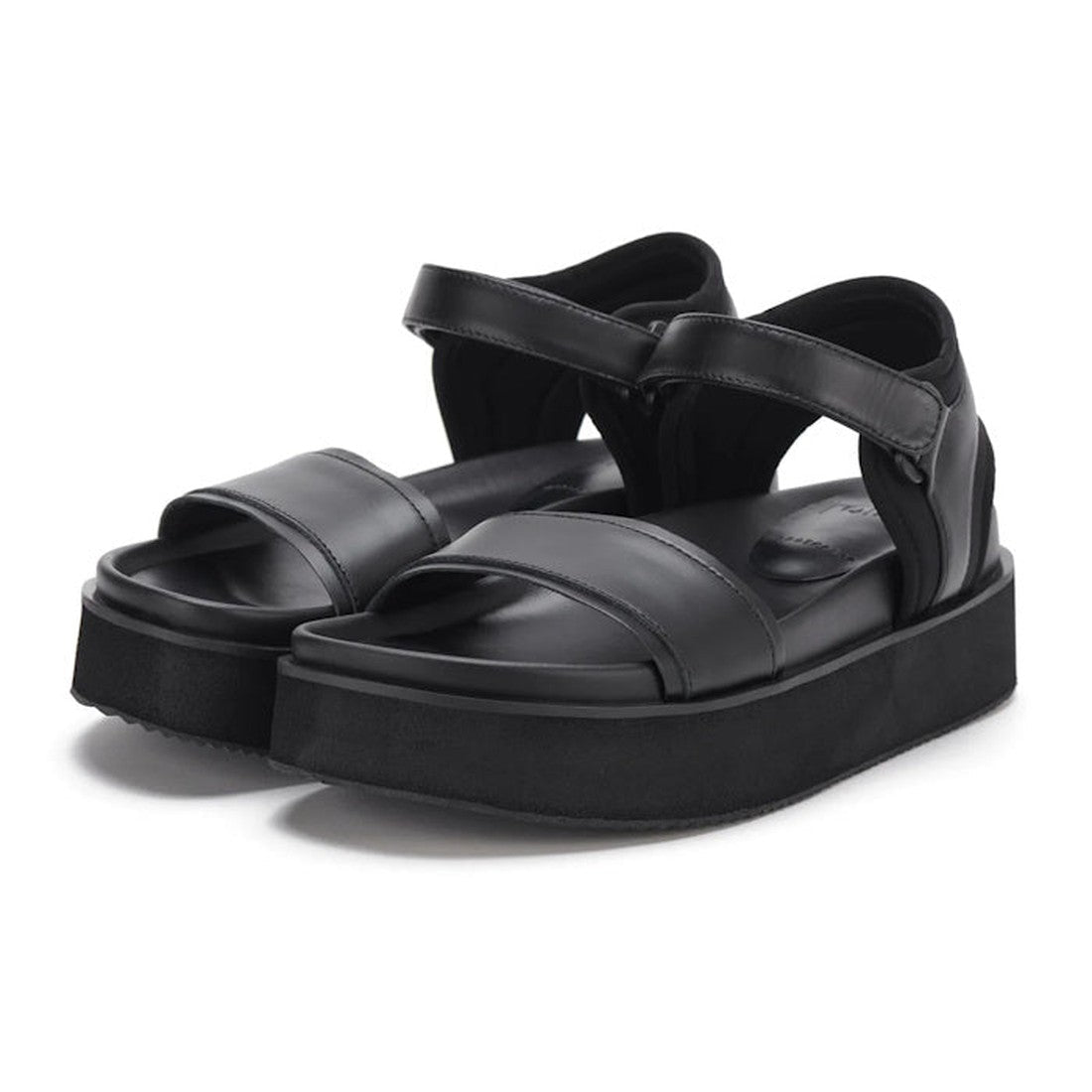 The Rollie Womens Ace Sandal All Black Leather features a modern, minimalist design with thick cushioned soles and adjustable Velcro straps at the toes and ankles—perfect lightweight and comfortable summer sandals., 9339554333878, 9339554333885, 933955433