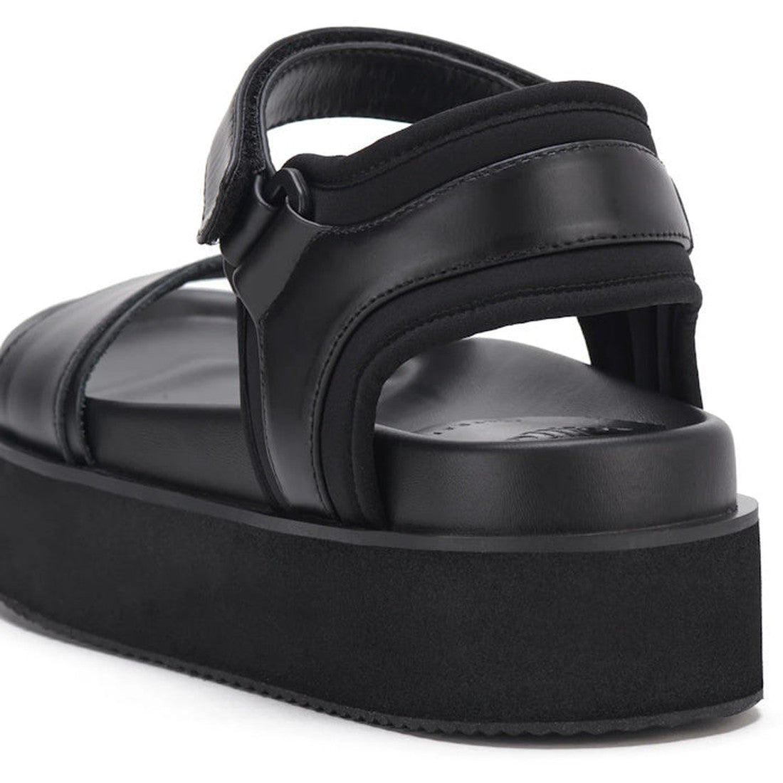 A close-up view of the Rollie Womens Ace Sandal All Black Leather, a lightweight platform sandal with thick straps, a high chunky sole, and premium leather. This comfortable summer sandal has a modern, minimalist design., 9339554333878, 9339554333885, 933