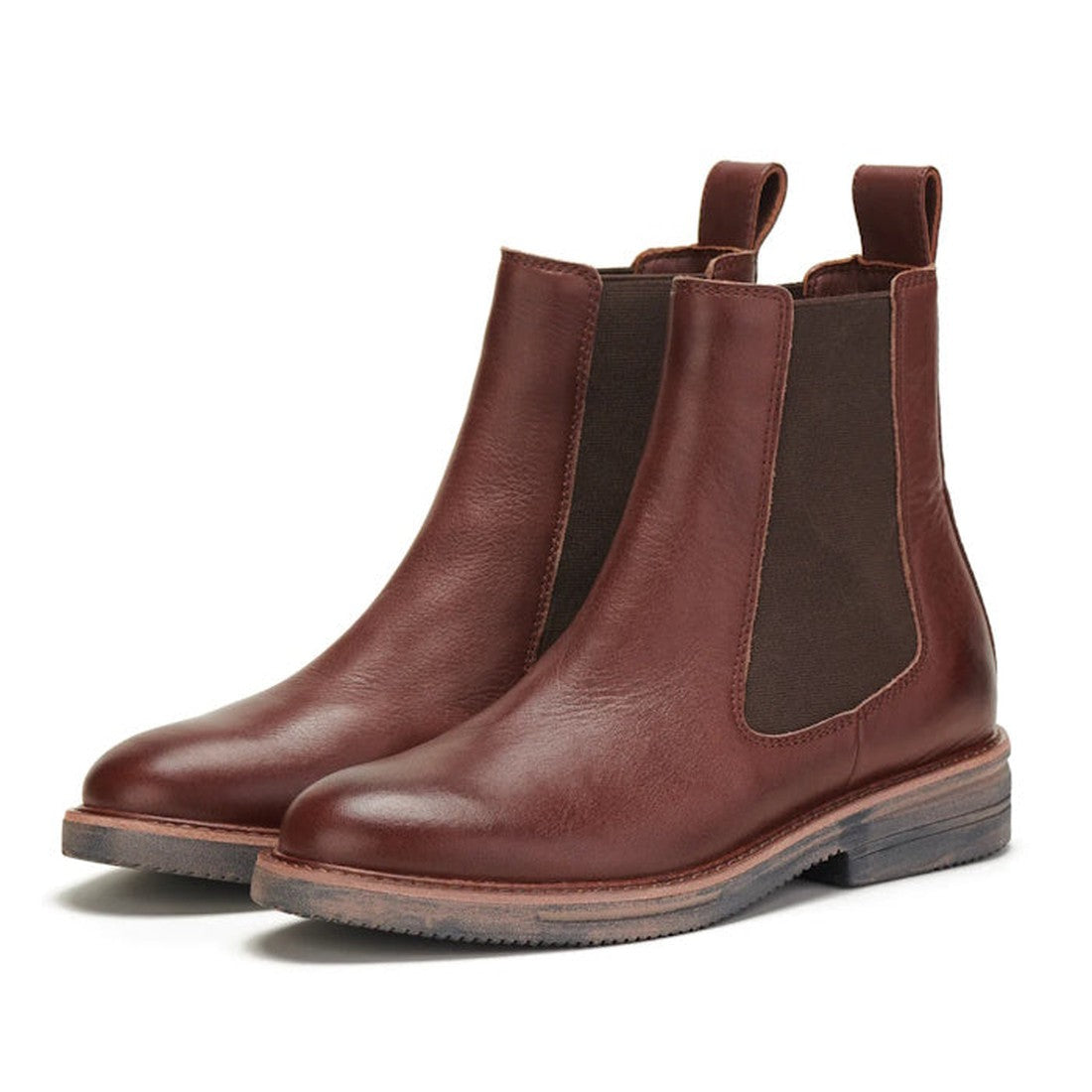 The Rollie Womens Chelsea Rise Vintage Mocha Leather Boot, made from premium brown leather with elastic side panels, pull tabs, low stacked heels, and a durable Vibram outsole, is shown on a white background., 9339554341682, 9339554341699, 9339554341705, 