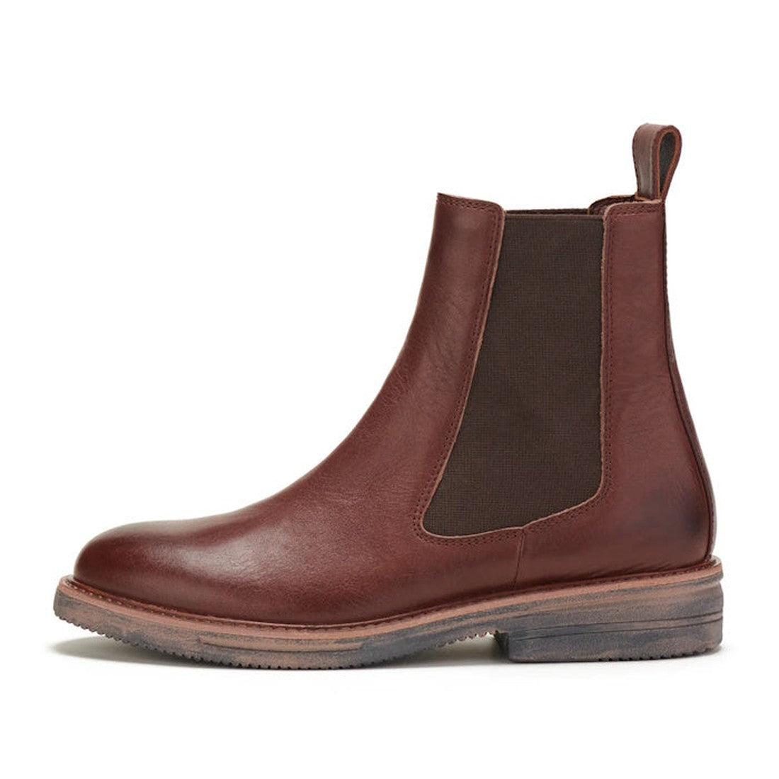 The Rollie Womens Chelsea Rise Vintage Mocha Leather Boot is a single brown Chelsea boot in premium leather with an elastic side panel, pull tab, low stacked heel, and orthotic-friendly design, shown from the side on a white background., 9339554341682, 93