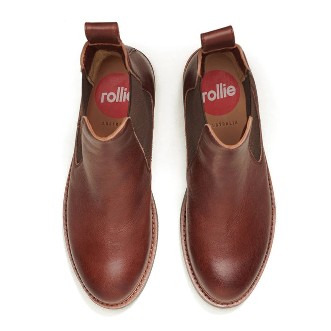 The Rollie Womens Chelsea Rise Vintage Mocha Leather Boot features brown premium leather, elastic side panels, pull tabs, and red insoles with a white Rollie Australia logo. Orthotic-friendly for all-day comfort. Viewed from above., 9339554341682, 9339554