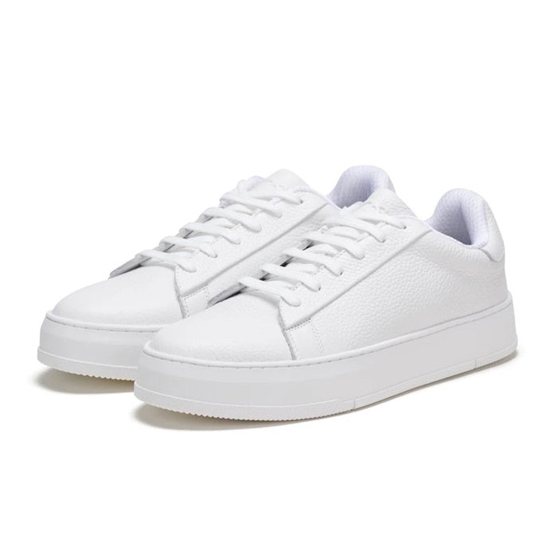 A pair of Rollies Womens Court Club All White Leather Trainers with white laces and anti-slip rubber outsoles, positioned side by side on a white background., 9781760768737, 9781760768744, 9781760768751, 9781760768768, 9781760768775