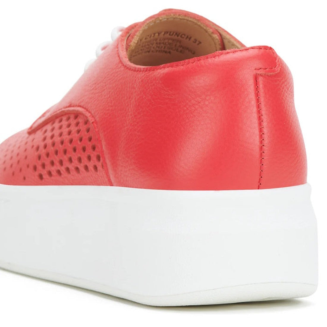 Close-up of the Rollie Womens Derby City Punch Red Leather Trainer, featuring premium red leather, white laces, perforated detailing for breathability, and a chunky white platform sole for a stylish and modern look., 9781760775599, 9781760775605, 97817607