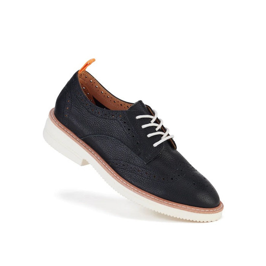 Rollie Womens Derby Brogue Rise is a comfy black leather lace-up, with white Vibram sole, tan midsole, and orange heel tab.  ksnz