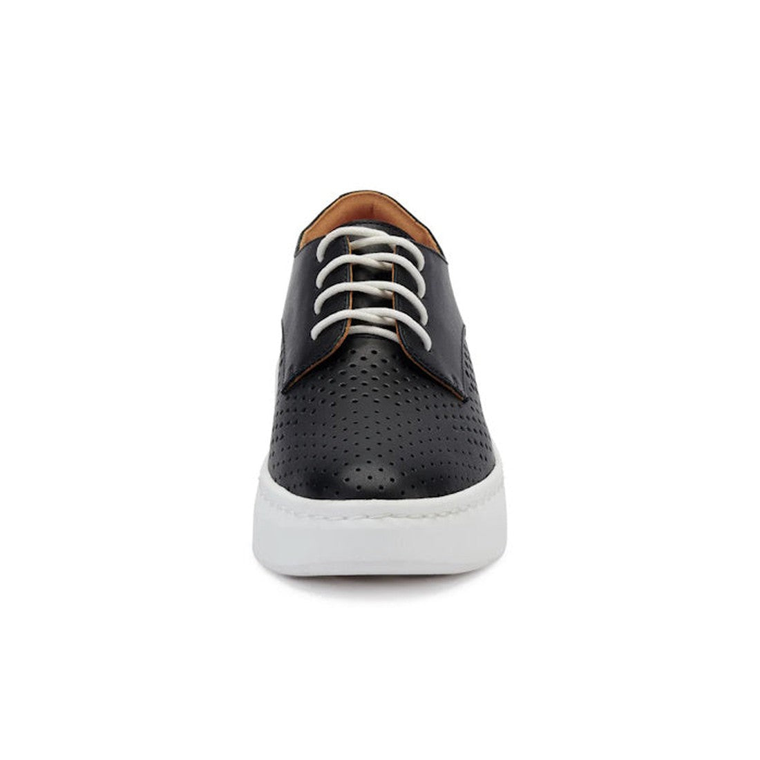 Front view of the Rollie Womens Derby City Punch Black Leather Trainer: black perforated leather, white laces, thick white sole, orthotic-friendly removable footbed, shown on a plain white background., 9339554259628, 9339554259635, 9339554259642, 93395542